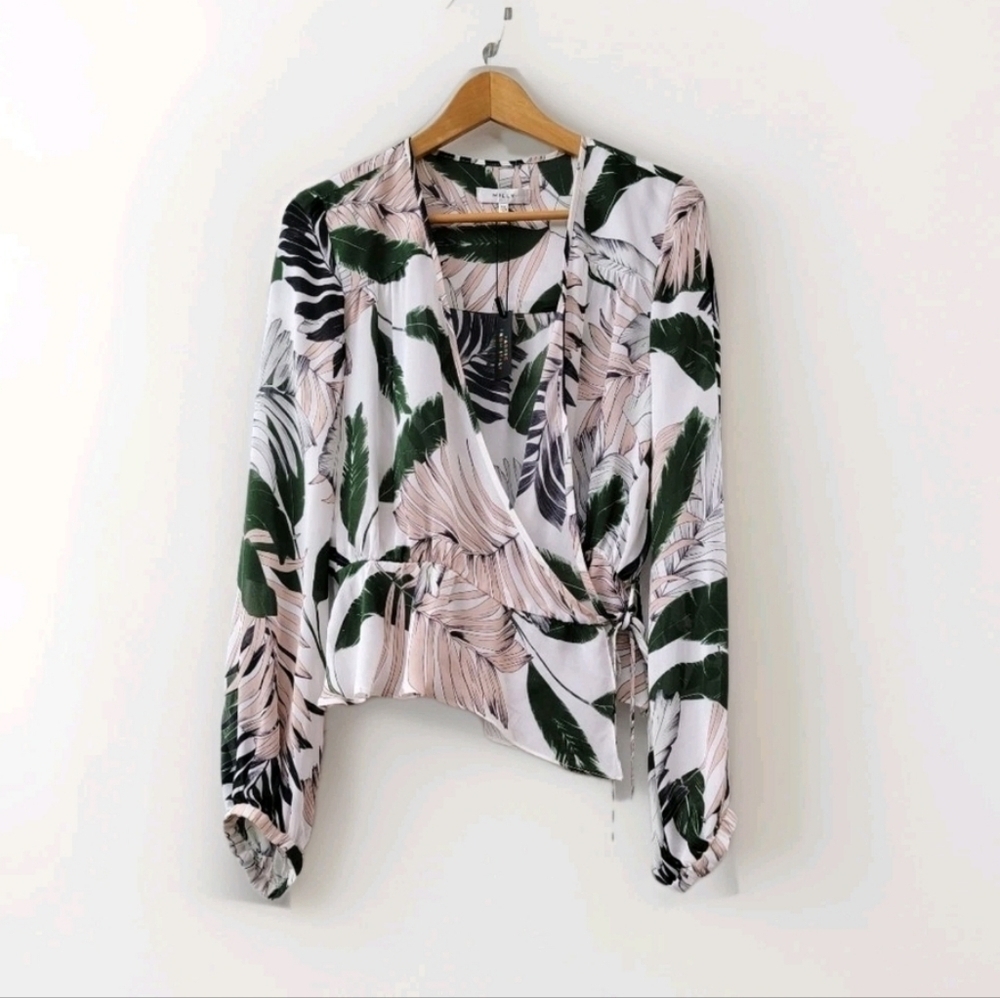 Milly Kia Silk Blouse Size 10 Green White Pink 100% Wrap Peplum Floral Top
